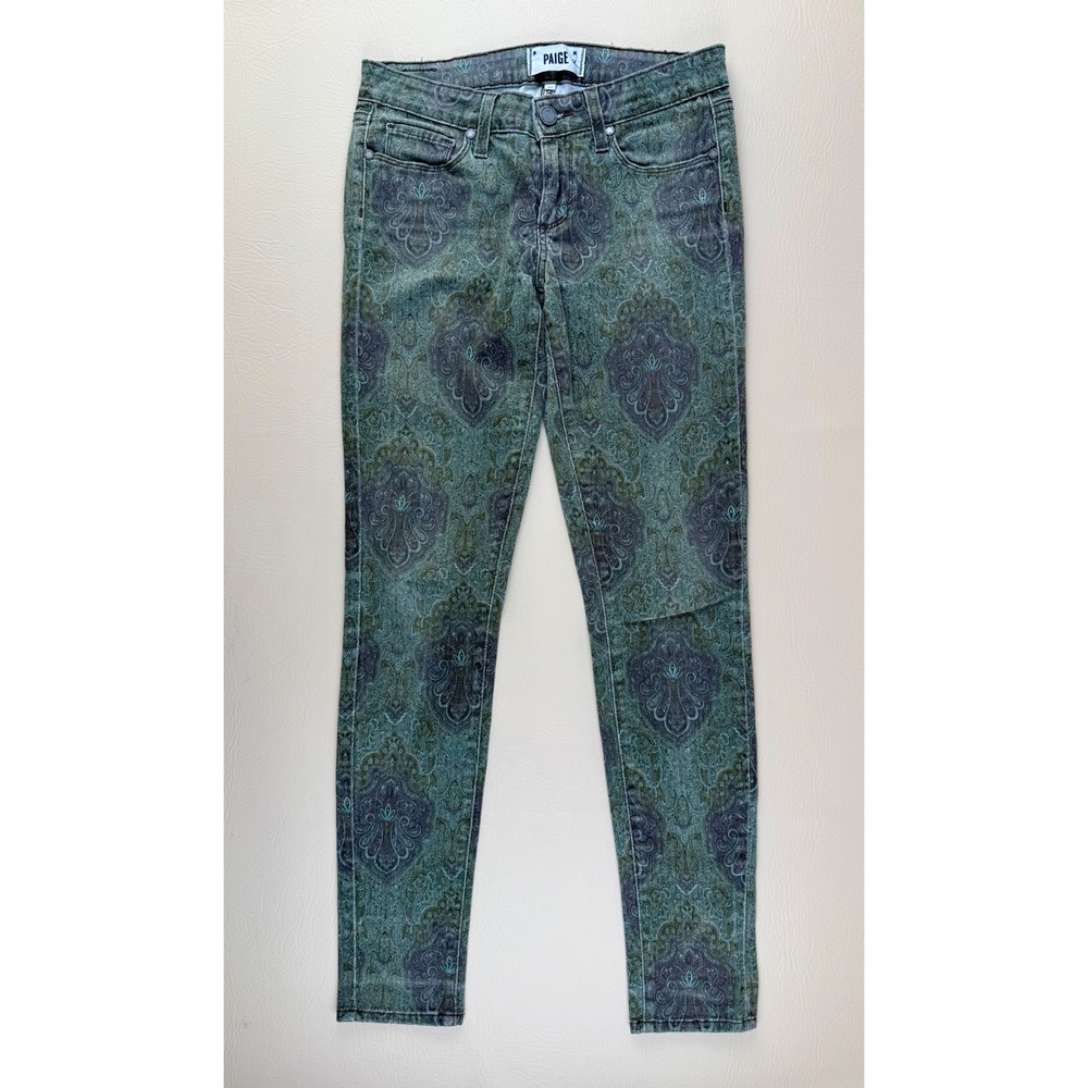 Boho Paisley Skinny Jeans Printed Denim Teal Green Size 25 Paige